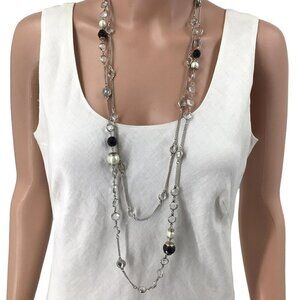Ann Taylor Necklace Double Strand Silver Tone Black Beaded Toggle Closure